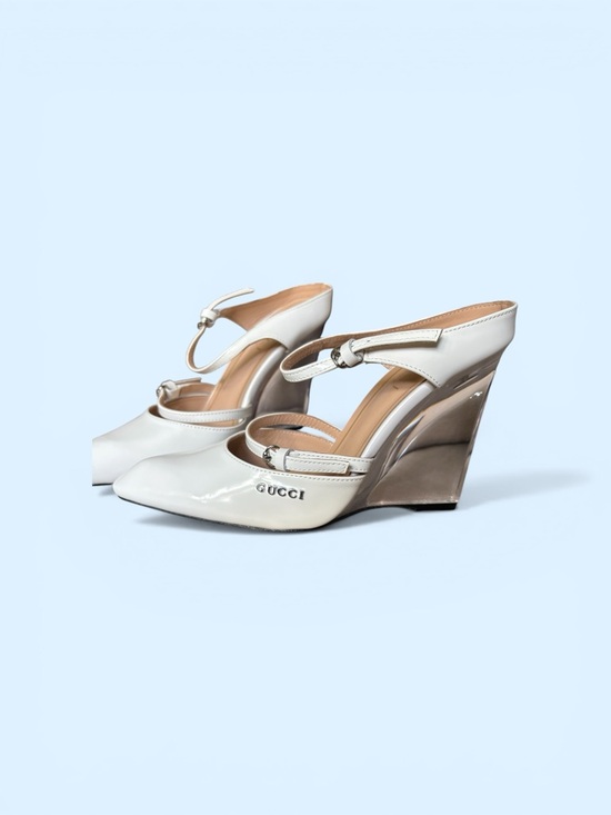 Gucci Shoes - Gucci White Patent Leather Pointed-Toe Sandals with Lucite Wedge